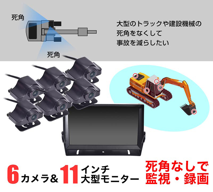 6つのカメラで死角なし トラック 建設機械に取り付け可能な48v対応大型モニター付き 死角モニターにもなる業務用6カメラドライブレコーダー アスキーストア