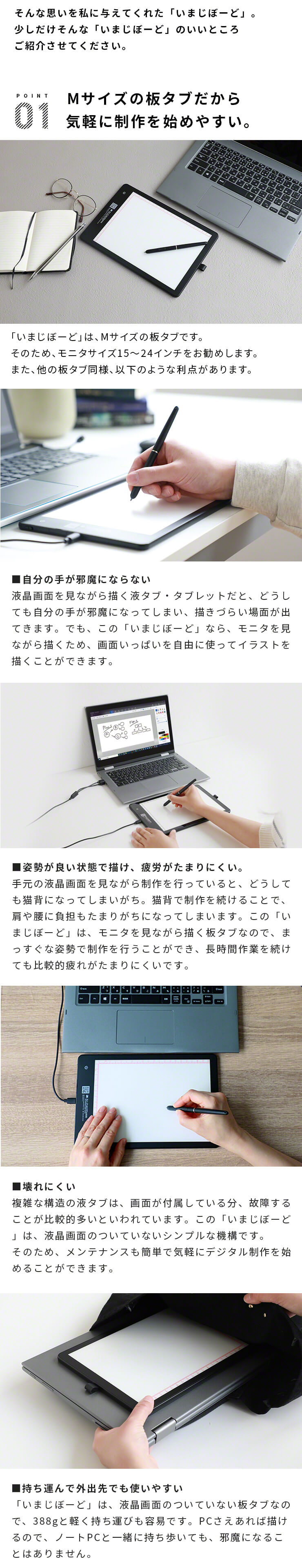 ペンタブレット 電子メモ トレース台がドッキングした新発想の板タブ 4way ペンタブレット いまじぼーど アスキーストア