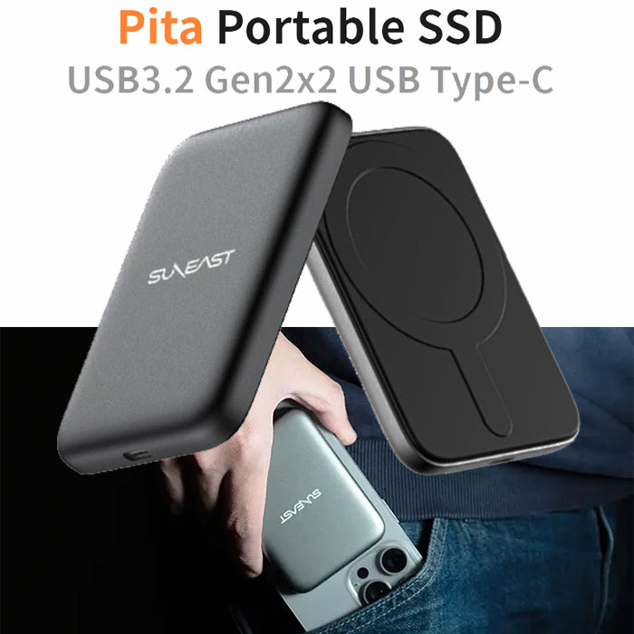 スマホの背面に装着した状態でもスリムでポケットにも収納可能! USB3.2 Gen2x2対応のポータブルSSD「SUNEAST Pita Portable SSD」