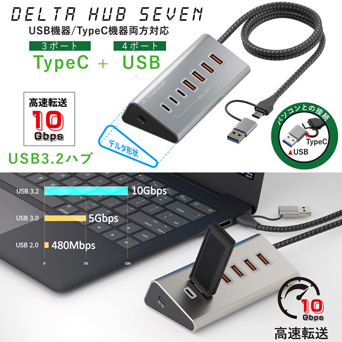 置くだけで決まる。USBもType-Cもこれ一台!デルタ形状7ポートUSBハブ「DELTA HUB SEVEN (デルタハブセブン)」