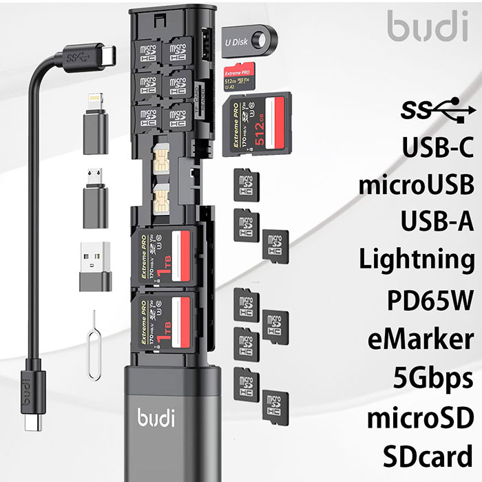 煩わしいケーブル類もこの1台でスッキリ! さまざまな接続端子に繋がるアダプター類付属! 多機能モバイルスティックカードリーダー「Budi(ブッディー) MT536」
