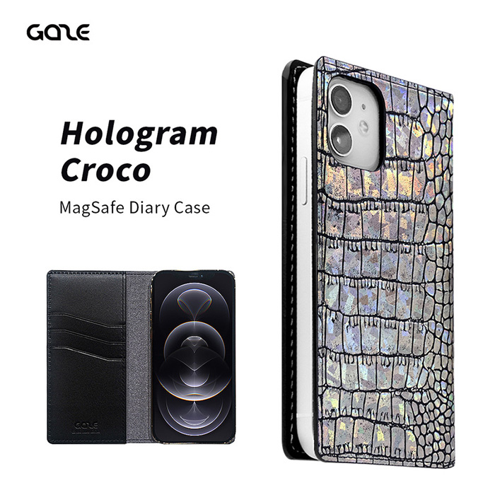 クロコダイルの型押しをした上に、ホログラムコーティングを施した天然牛革使用! iPhone 12/12 Pro Hologram Croco MagSafe対応ダイアリーケース
